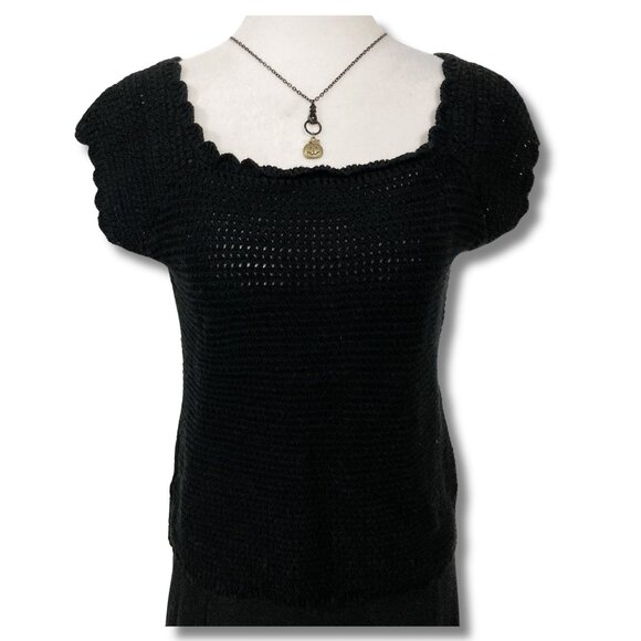 RICKI'S Vintage black cap sleeve knit top w/ scallop edges SMALL MEDIUM sweater - Picture 1 of 15